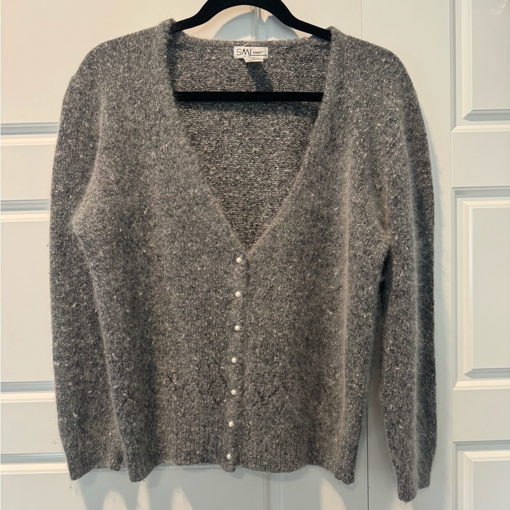 VTG SML Sport Heather Gray Knit Sweater Silk Angora Rabbit Pearl Button Medium